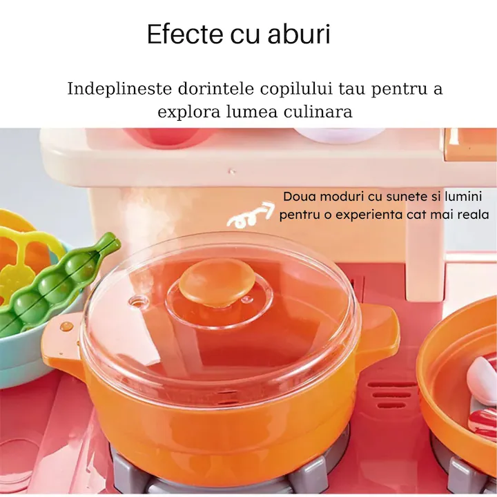 Set bucătărie copii 55 accesorii, model multifuncțional cu chiuvetă cu apă, aragaz și frigider, tablă de scris, joc de rol educativ, culoare roșie [5]