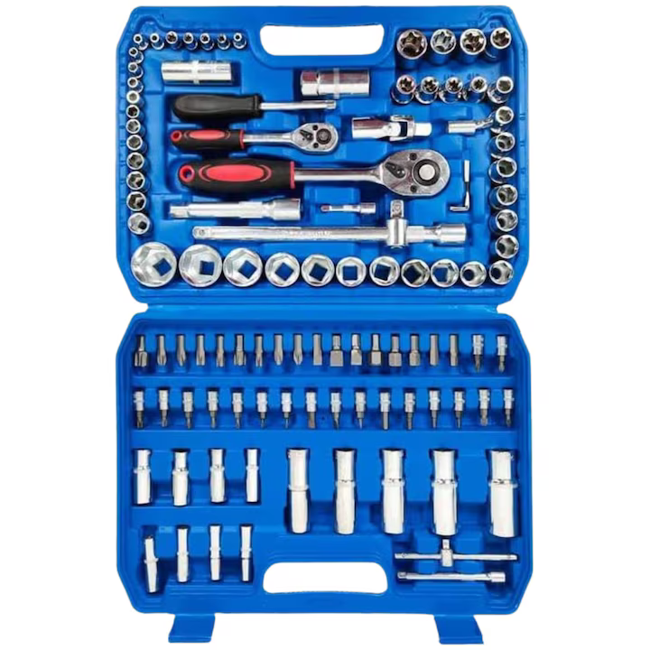 Set Chei Tubulare 108 Piese, Oțel Crom Vanadiu Rezistent, Cutie de Depozitare Inclusă, Set Profesional și Versatil pentru Reparații Auto, Mecanică și Uz Casnic [3]