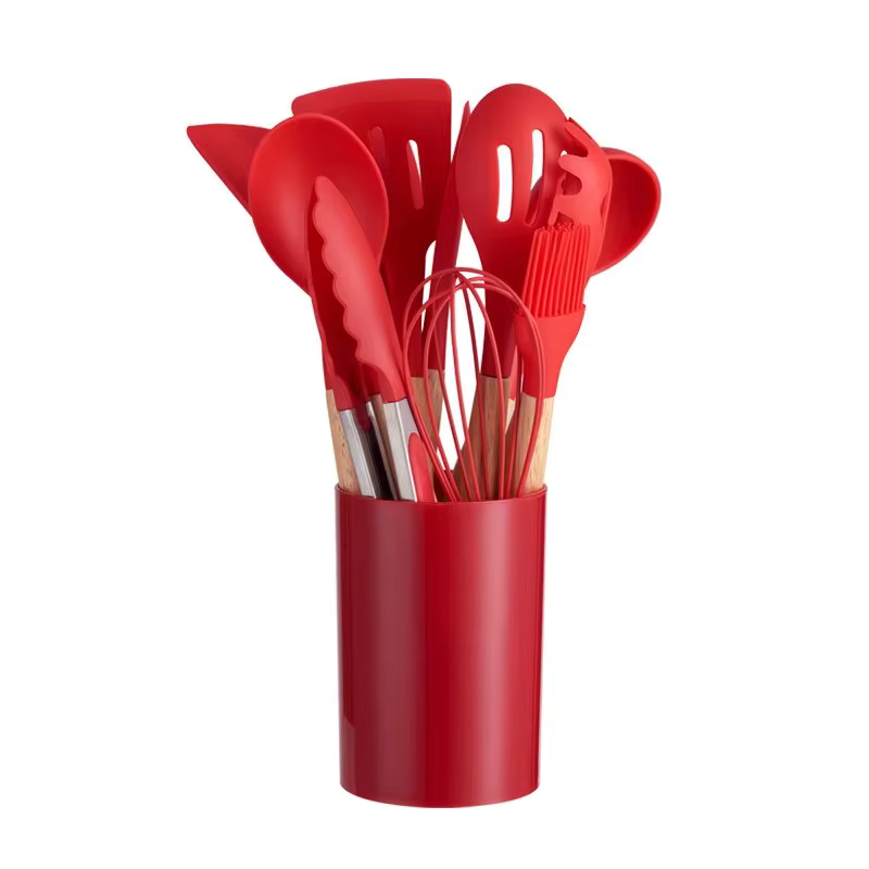 Set tacâmuri bucătărie 12 piese, silicon alimentar cu mânere din lemn, rezistente la temperatură și antiaderente, cu suport, culori variate [6]