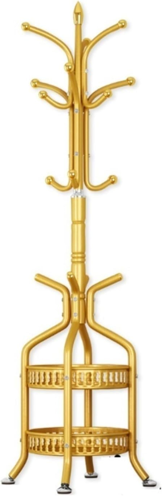 Suport Haine Metalic Independent, Cuier Industrial cu 2 Niveluri de Rafturi și Cârlige, Dimensiuni 34x189 cm, Structură Stabilă pentru Depozitare în Hol, Design Elegant Auriu [4]