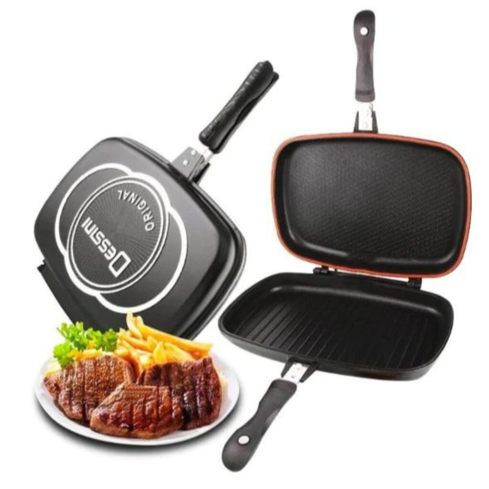 Tigaie Dublă Antiaderentă 36 cm, Aluminiu Turnat pentru Menținerea Optimă a Căldurii, Interior Marmorat, Închidere Magnetică Anti-Scurgere, Design Practic pentru Gătire Uniformă [4]