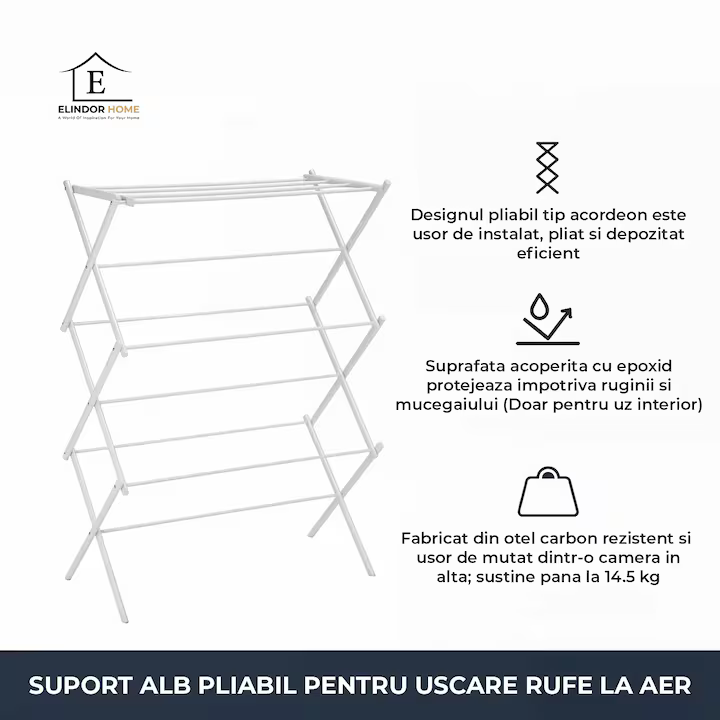 Uscător vertical pliabil tip acordeon, 37x75x106 cm, structură din oțel carbon, capacitate susținere 14.5 kg, design compact, alb [6]