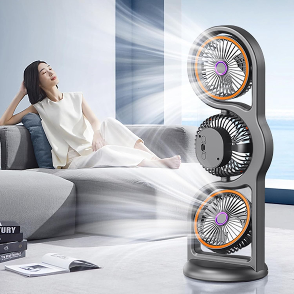 Ventilator Portabil de Birou cu 3 Capete, Rotire 360°, 5 Trepte de Viteză, Acumulator Reîncărcabil prin USB, Flux de Aer Multidirecțional, Înclinare Reglabilă la 45° [3]