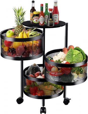 Rafturi, Organizatoare si Suporturi - Raft Metalic Rotund Universal – 3 sau 4 Coșuri Perforate, Oțel Carbon, Mobil cu Roți și Design Rotativ