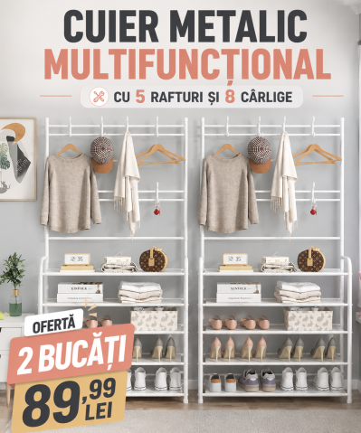 Rafturi, Organizatoare si Suporturi - 2 bucati Cuier metalic cu 5 rafturi și 8 cârlige, multifuncțional, pentru haine, pantofi și genți, design modern, 168 cm, alb - Copie