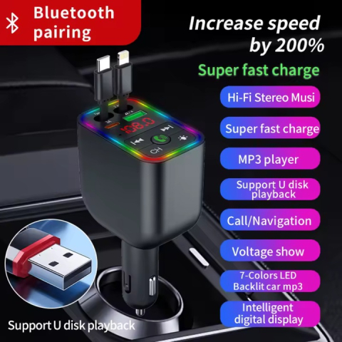 Adaptor auto Bluetooth 4 în 1 BT 5.3, FM Transmitter cu display LED, USB și Type-C, încărcare rapidă Super Fast Charge, redare MP3/WAV, 12-24V [3]