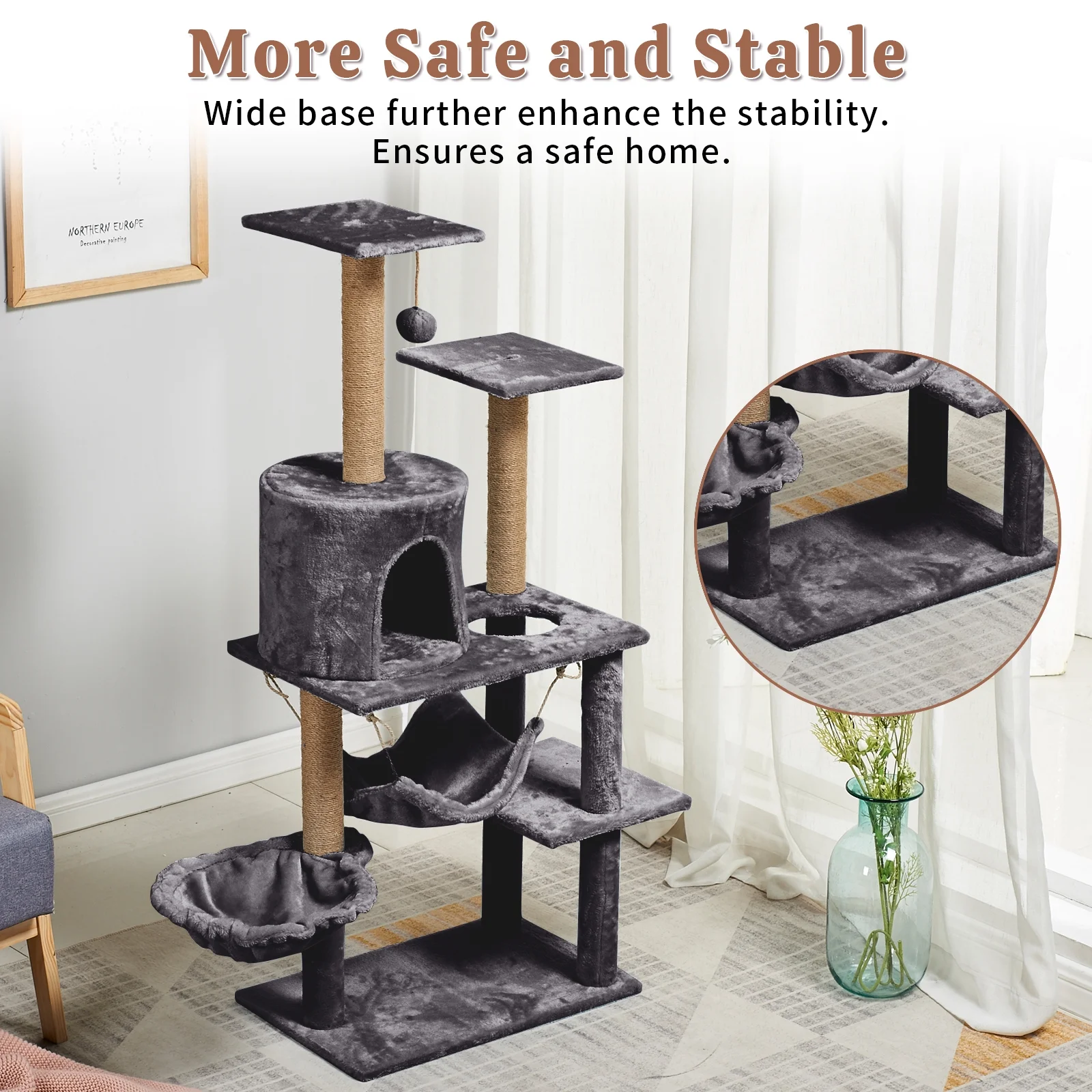 Ansamblu joacă pisici din lemn, 130 cm înălțime, model minimalist cu căsuță, ideal pentru toate anotimpurile, gri deschis/ gri inchis [4]