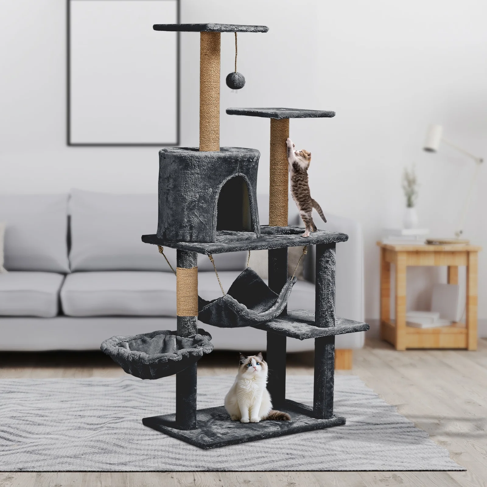 Ansamblu joacă pisici din lemn, 130 cm înălțime, model minimalist cu căsuță, ideal pentru toate anotimpurile, gri deschis/ gri inchis [2]