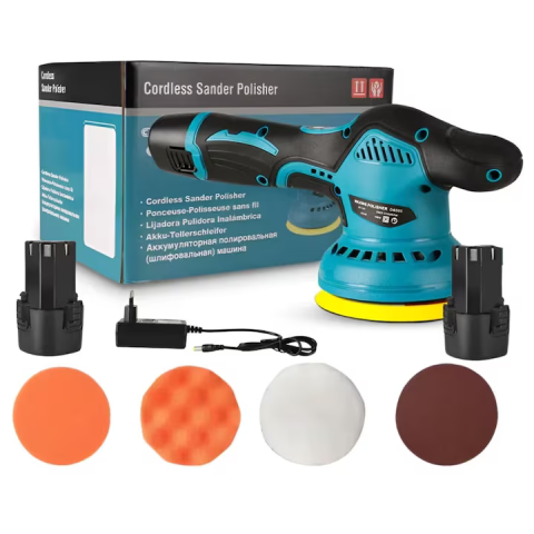 Accesorii Auto - Aparat Polish Auto fără Fir, 2 Acumulatori 36V Incluși, Viteză Variabilă 2500–5000 RPM, 8 Trepte de Reglaj, Dimensiuni 27,5x11,5x12 cm, Design Ergonomic Portabil, Negru-Albastru