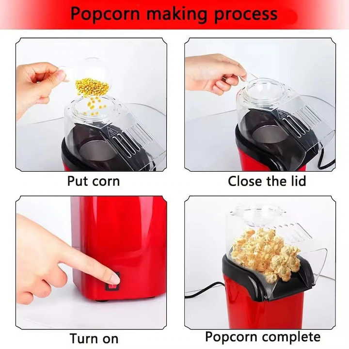 Aparat popcorn 1200W, preparare în 3 minute cu tehnologie aer cald, fără ulei, pahar de măsurare detașabil, roșu [6]