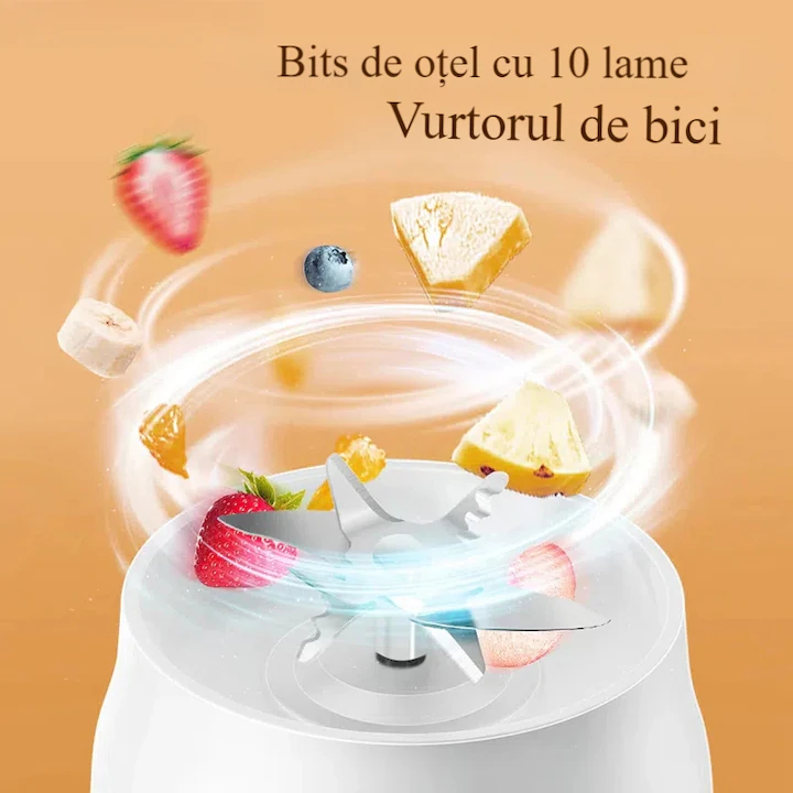 Blender portabil 2 în 1 cu funcție storcător, 450-500 ml, 10 lame, baterie 1500 mAh, 40W, încărcare USB, display digital, alb [5]
