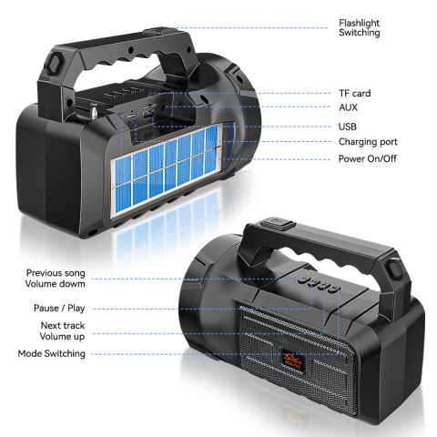 Boxă Bluetooth portabilă cu încărcare solară, 5W, difuzor 3", radio FM, porturi USB și TF, power bank și lanternă inclusă [3]