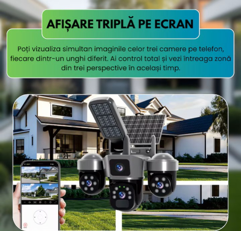 Cameră solară 4G pentru exterior 12MP, sistem PTZ cu 3 obiective și vizualizare triplă, night vision color, detectare mișcare, audio bidirecțional, LED, autonomie continuă [6]