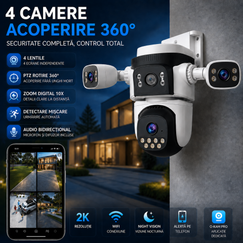 Cameră Supraveghere WiFi 4 Lentile cu Brațe Reglabile, 360°, Vezi Totul din Telefon, Spotlight, Audio Bidirecțional [1]