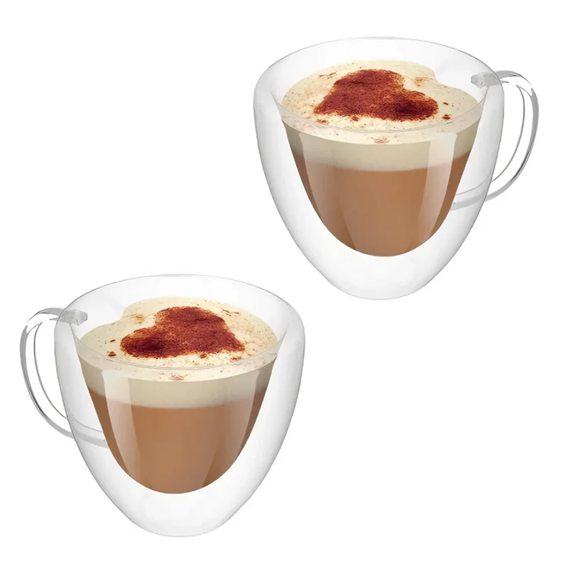 Casa si Bucatarie - Cană din sticlă cu perete dublu 250 ml, design modern inimioară, termorezistentă, sticlă borosilicată anticondens, 9×8 cm