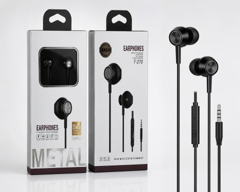 Accesorii Telefoane - Căști Stereo cu Fir T-276, Conector Jack 3,5 mm, Carcasă Metalică, Sunet Hi-Fi cu Bass Intens, Microfon Încorporat, Control pentru Muzică și Apeluri, Compatibile cu Telefon, Tabletă, Laptop și PC, Neg