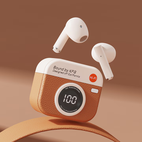 Căști wireless retro portocalii, Bluetooth 5.4 cu reducere activă a zgomotului, design impermeabil tip cameră foto, afișaj digital, control tactil, sunet stereo [3]