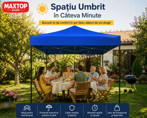 Cort pavilion pliabil,14 kg, 3x3 m, Cadru metal cu panza impermeabila pentru Curte, Gradina, Evenimente, Albastru [3]