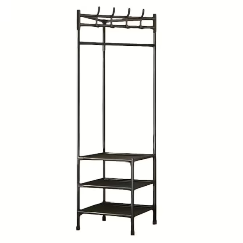 Cuier de colț pentru haine 185×54×40 cm, cu 3 polițe și 4 cârlige duble, structură metalică durabilă, design compact, negru [6]