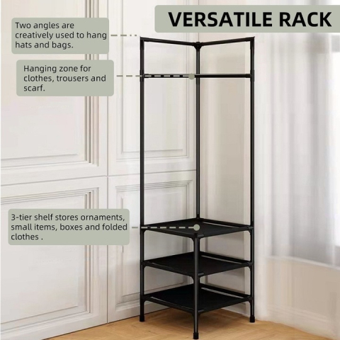 Cuier de colț pentru haine 185×54×40 cm, cu 3 polițe și 4 cârlige duble, structură metalică durabilă, design compact, negru [2]