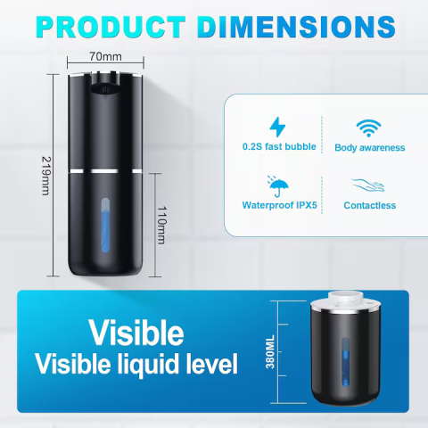 Dispenser săpun automat 380 ml, senzor inteligent cu afișaj LED, 4 trepte dozare, spumare rapidă 0.25 sec, USB-C, waterproof, montare perete/blat, negru [4]