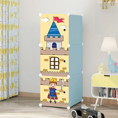 Dulap Cameră Copii din Polipropilenă, 3 Compartimente Spațioase, Dimensiuni 37x37x111 cm, Design Compact și Practic pentru Organizare, Albastru + Multicolor [2]