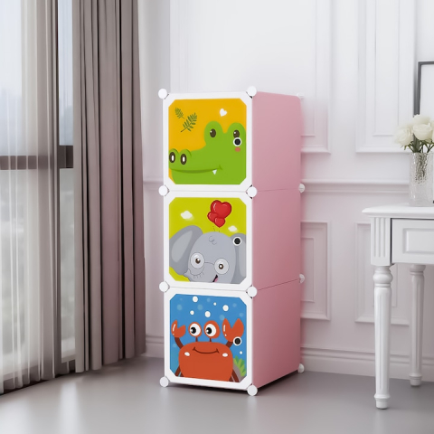 Rafturi, Organizatoare si Suporturi - Dulap Modular Copii 3 Compartimente, 111x37x37 cm, Cadru din Oțel Premium Anticoroziv și Antizgârieturi, Poliță Suport până la 10 kg, Polipropilenă Rezistentă la Apă și Praf, Culoare Roz