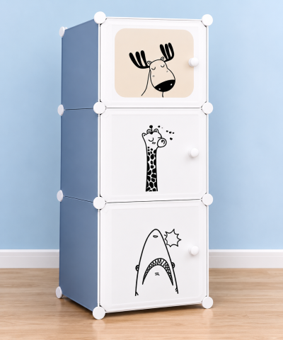 Rafturi, Organizatoare si Suporturi - Dulap modular pentru copii 37x37x111 cm, 3 compartimente, organizator pentru haine și jucării, uși cu imprimeu animale, montaj fără unelte, din plastic PP, gri