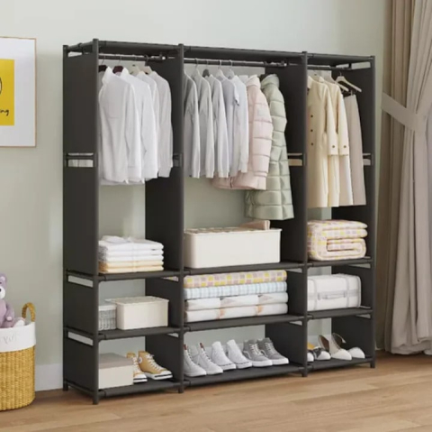 Rafturi, Organizatoare si Suporturi - Dulap organizator pentru haine, 130 x 36 x 170 cm, cadru metalic, husă din material textil impermeabil și antipraf, bară pentru umerașe și rafturi de depozitare, Negru
