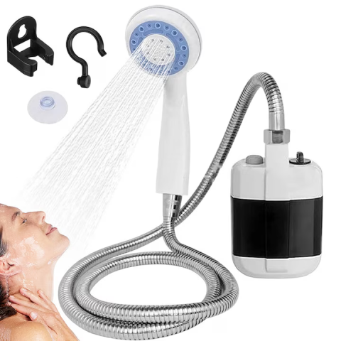Duș portabil electric pentru camping, debit 4–5 L/min, baterie 2200 mAh cu reîncărcare USB, furtun 1.5 m, carcasă ABS, alb [2]