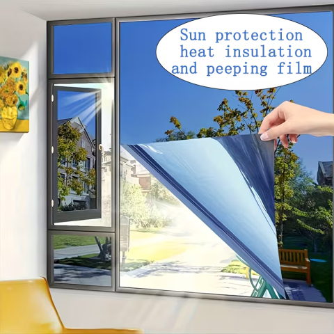 Casa si Bucatarie - Folie solară tip oglindă 0.6×3 m, autoadezivă, protecție UV și împotriva căldurii, aplicare ușoară cu kit, albastru