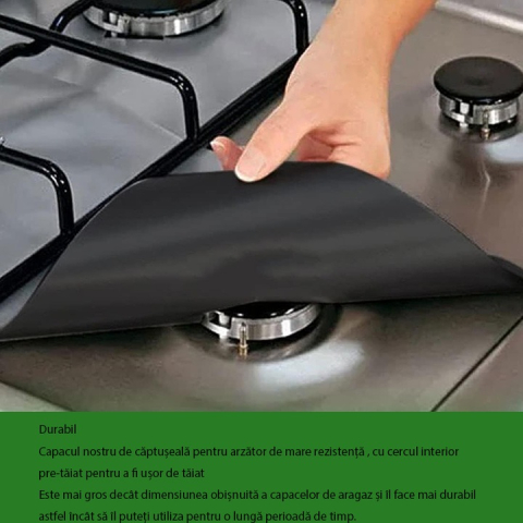 Set 4 Folii Teflon Reutilizabilă 27x27 cm pentru Aragaz sau Plită, Rezistentă Termic -60°C până la 260°C, Negru, Grosime 0.3 mm [9]