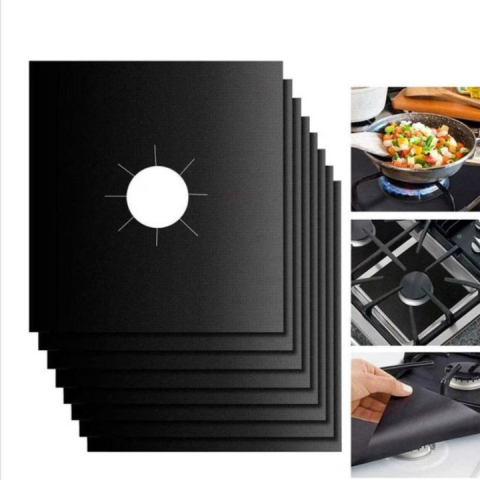 Casa si Bucatarie - Set 4 Folii Teflon Reutilizabilă 27x27 cm pentru Aragaz sau Plită, Rezistentă Termic -60°C până la 260°C, Negru, Grosime 0.3 mm