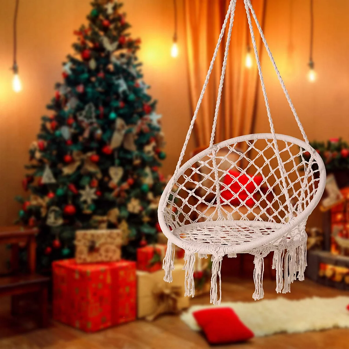 Hamac tip scaun suspendat din macrame, balansoar, confortabil și durabil, potrivit pentru interior și exterior, grădină sau terasă [0]