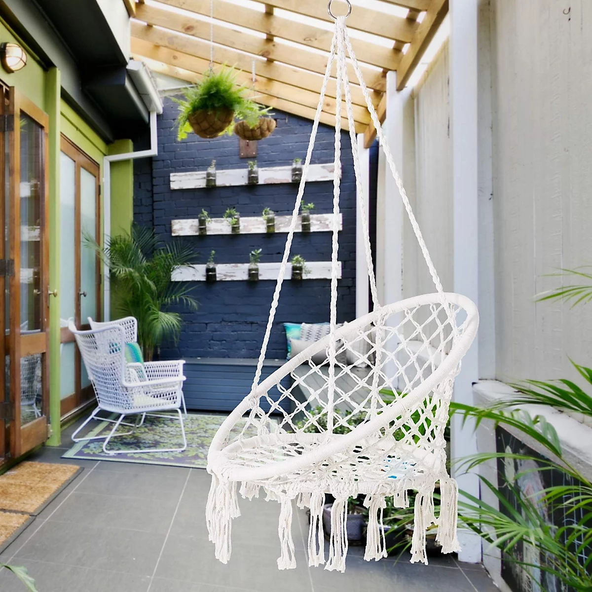 Hamac tip scaun suspendat din macrame, balansoar, confortabil și durabil, potrivit pentru interior și exterior, grădină sau terasă [4]