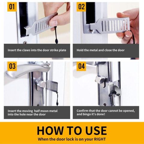 Încuietoare portabilă 8 cm din oțel inoxidabil, pentru securizare ușă din interior, instalare rapidă fără unelte, compactă pentru călătorii, argintiu [5]