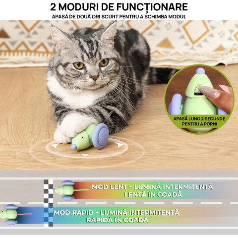 Jucărie Automată Șoricel pentru Pisici, Evitare Obstacole și Mișcări Aleatorii, Roți Mari, Coadă LED RGB, Încărcare USB-C, Design Interactiv pentru Distracție Activă, Culoare Verde [7]