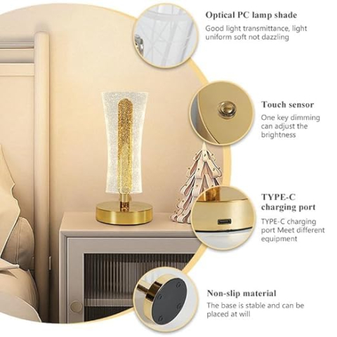 Lampă LED de Masă din Cristal, Control Tactil, Lumină Caldă Ambientală, Design Elegant și Modern, Consum Redus de Energie, Dimensiuni 12 × 10 × 5 cm, Ideală pentru Dormitor, Noptieră, Living și Birou [1]