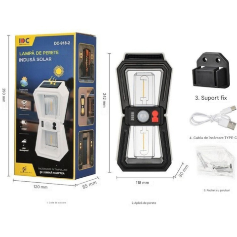 Lampă solară exterior 18W pentru perete, 3 moduri de iluminare, senzor de mișcare integrat, dimensiune 24 cm [4]