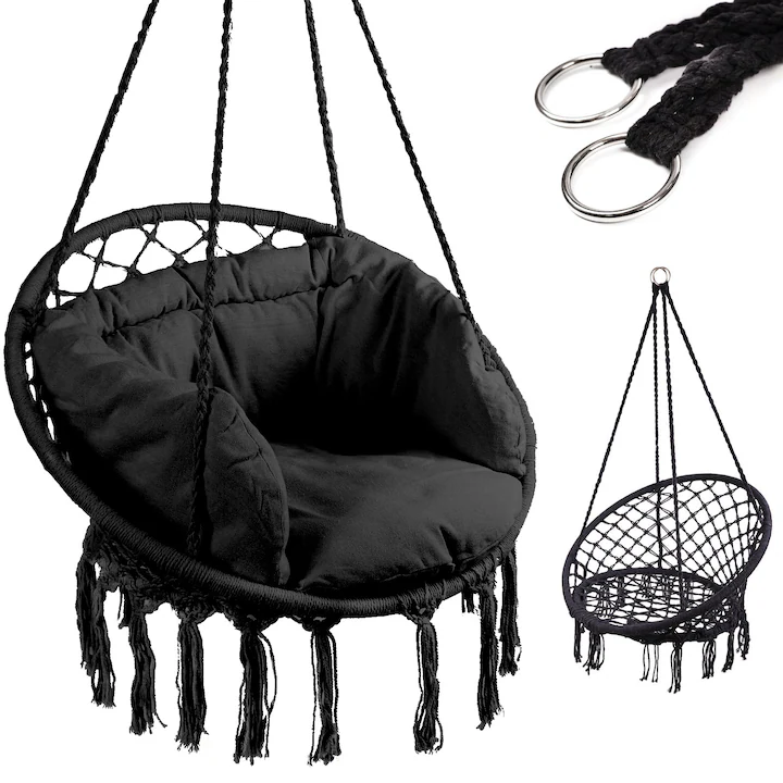 Articole Pentru Gradina - Leagăn balansoar suspendat cu pernă, diametru 80 cm, structură metalică, capacitate 150 kg, frânghii din bumbac, pentru exterior, negru