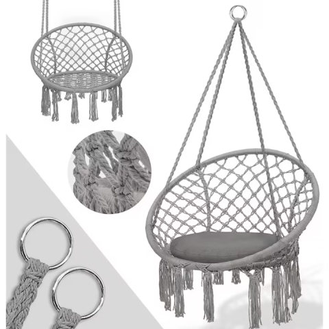 Leagăn tip balansoar suspendat 80 cm, structură metalică, șezut 60 cm, frânghie reglabilă, sarcină maximă 150 kg, cu pernă, gri [2]