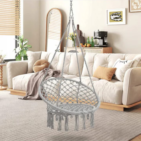 Leagăn tip balansoar suspendat 80 cm, structură metalică, șezut 60 cm, frânghie reglabilă, sarcină maximă 150 kg, cu pernă, gri [5]