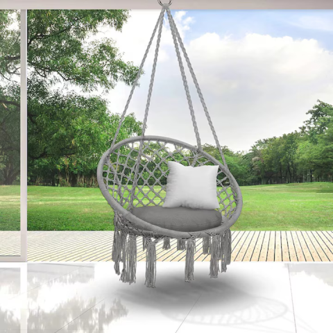 Leagăn tip balansoar suspendat 80 cm, structură metalică, șezut 60 cm, frânghie reglabilă, sarcină maximă 150 kg, cu pernă, gri [0]