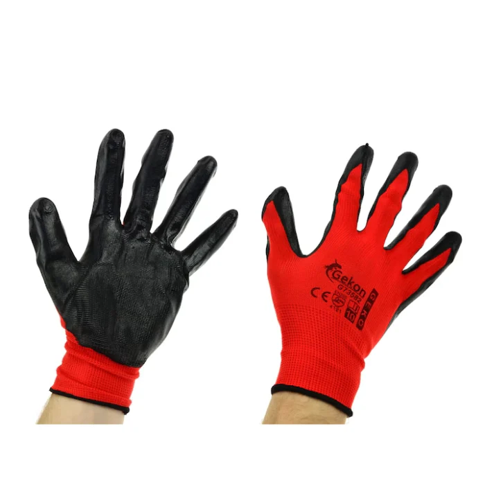 Articole Pentru Gradina - Set 2 Mănuși de lucru cu nitril, bumbac tricotat, aderență și protecție sporită, rezistente la abraziune, roșu cu negru