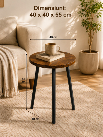 Masă de cafea rotundă, blat din lemn masiv în nuanță maro închis, structură metalică stabilă, ideală pentru living, dormitor și birou, 40 x 40 x 55 cm [1]