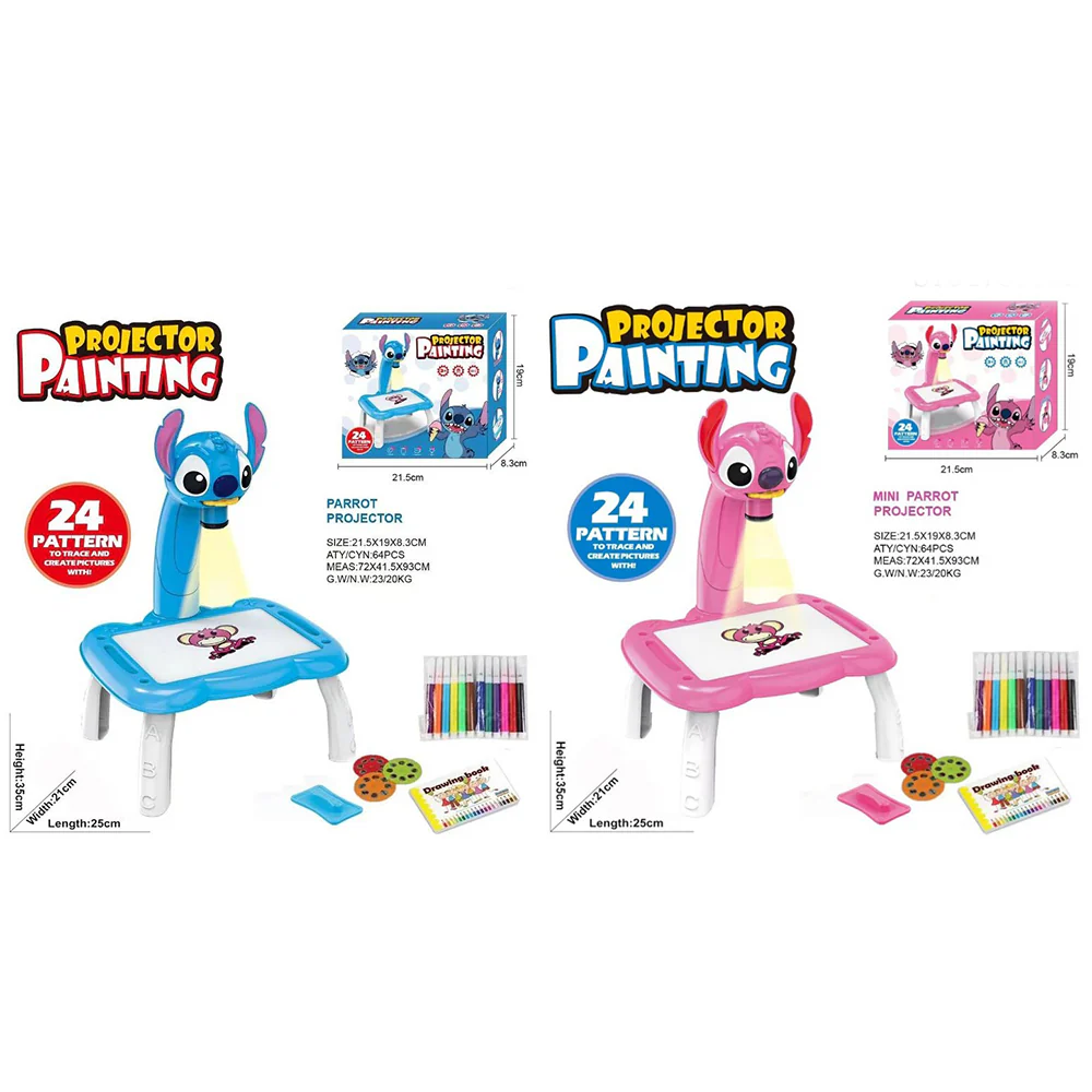 Produse si jucarii pentru copii - Masă de Desen cu Proiector pentru Copii – Set Educativ cu Carioci, Șabloane și Funcție Muzicală, Stitch Roz