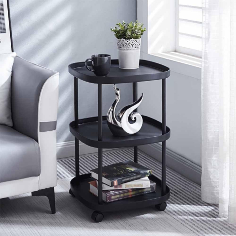 Rafturi, Organizatoare si Suporturi - Masă Laterală cu 3 Niveluri și Roți, Masă de Cafea cu Raft Deschis pentru Depozitare, Design Minimalist și Funcțional, Structură Stabilă, Culoare Negru