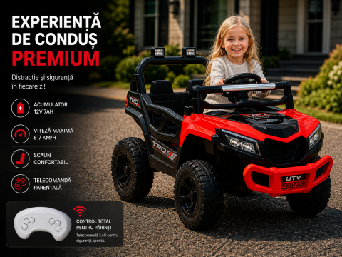 Mașină electrică pentru copii, stil off-road, 12V, baterie dublă, telecomandă, funcție balans, faruri LED, MP3, dimensiuni 96×58×62 cm, roșu [2]