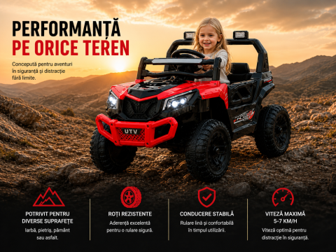 Mașină electrică pentru copii, stil off-road, 12V, baterie dublă, telecomandă, funcție balans, faruri LED, MP3, dimensiuni 96×58×62 cm, roșu [3]