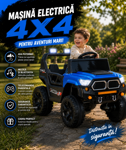 Mașină electrică copii stil Jeep, cu telecomandă, Bluetooth, funcție muzică, iluminare parbriz, roți din plastic, dimensiuni 85×61×54 cm, albastru [2]